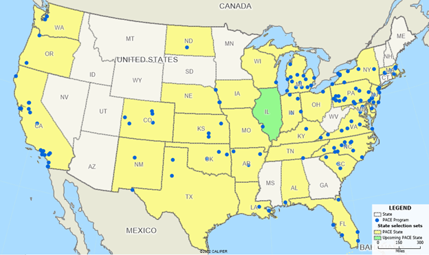 Map of the United States showing growth of PACE with map of PACE program locations